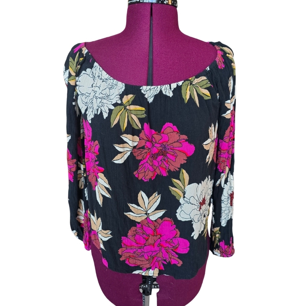 Billabong Mi Amore Floral Off-Shoulder Long Sleeve Blouse Size S Boho Tropical - Picture 3 of 10